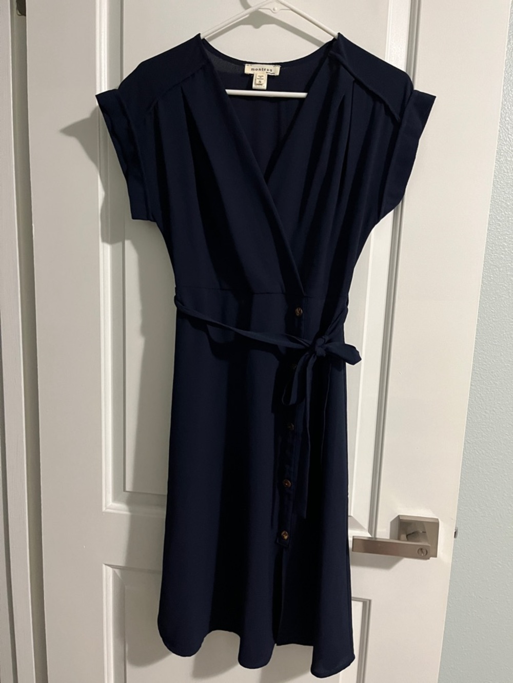 Monteau Navy Wrap-Front Midi Dress with Tie Waist